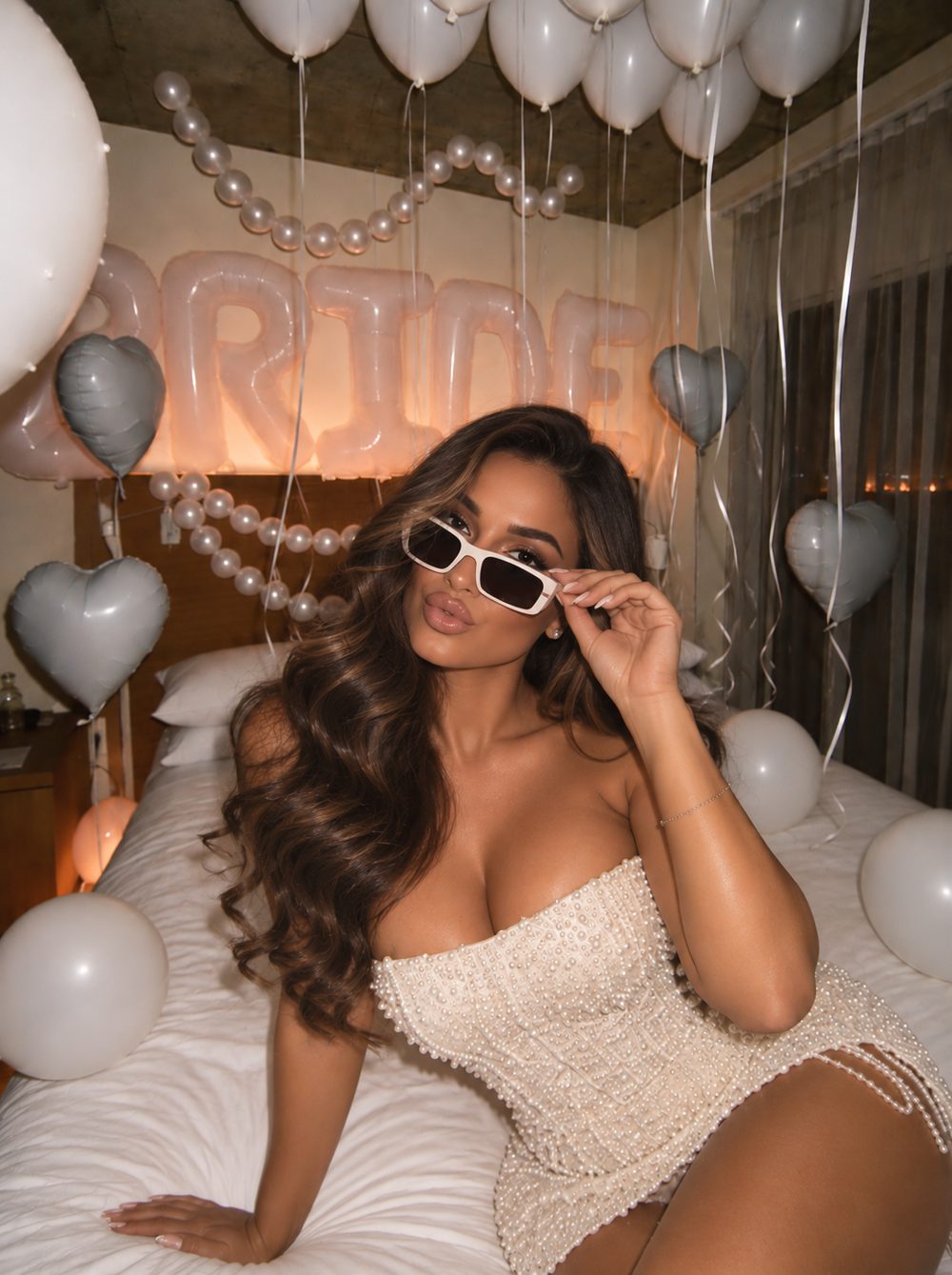 Bride in a pearl mini dress on a bed decorated with white balloons and a BRIDE balloon banner