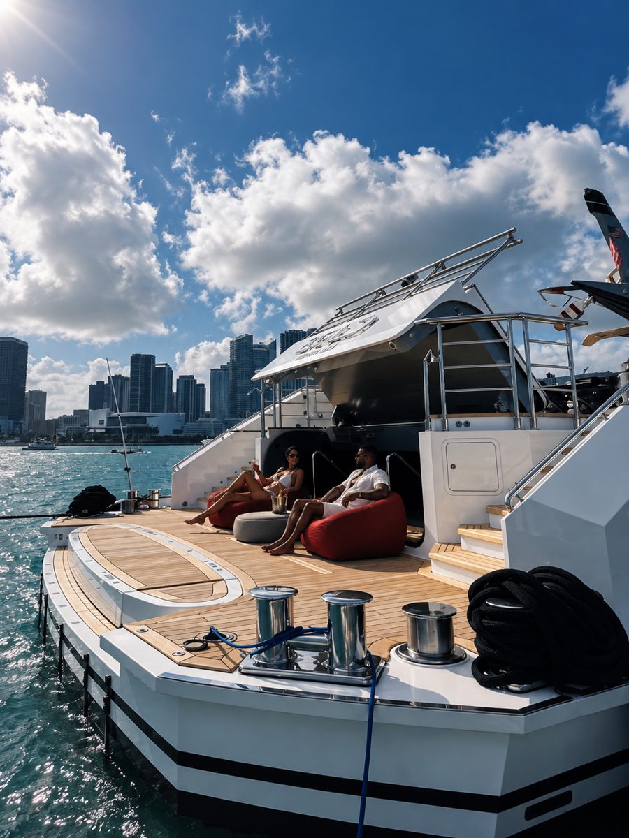 Couple relaxing on a yacht deck off the Miami skyline