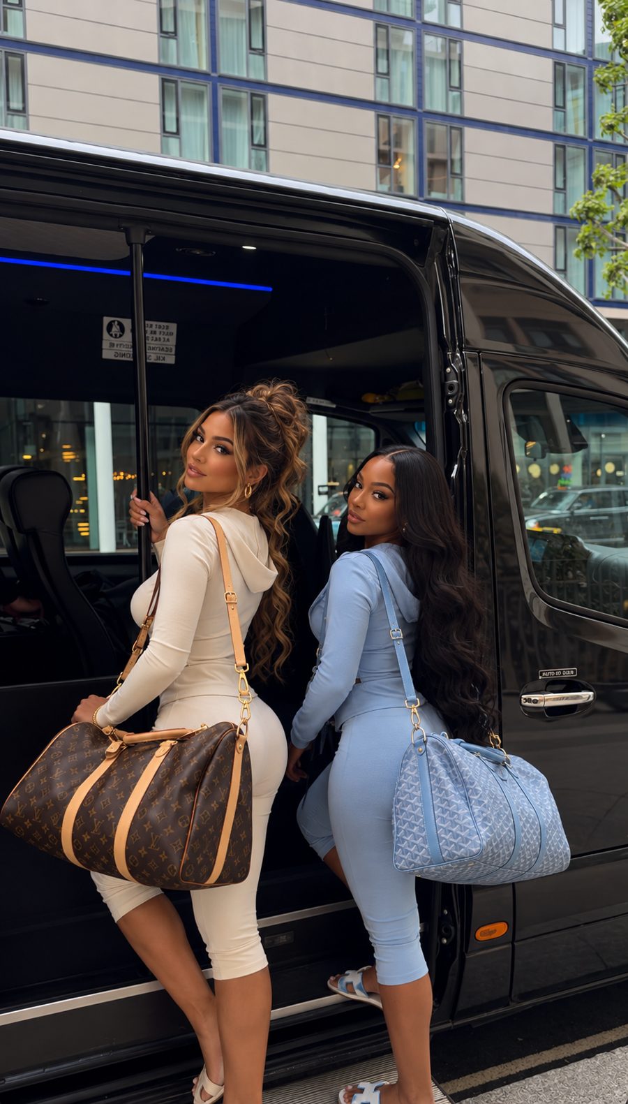 Two friends with travel bags boarding a black Sprinter van