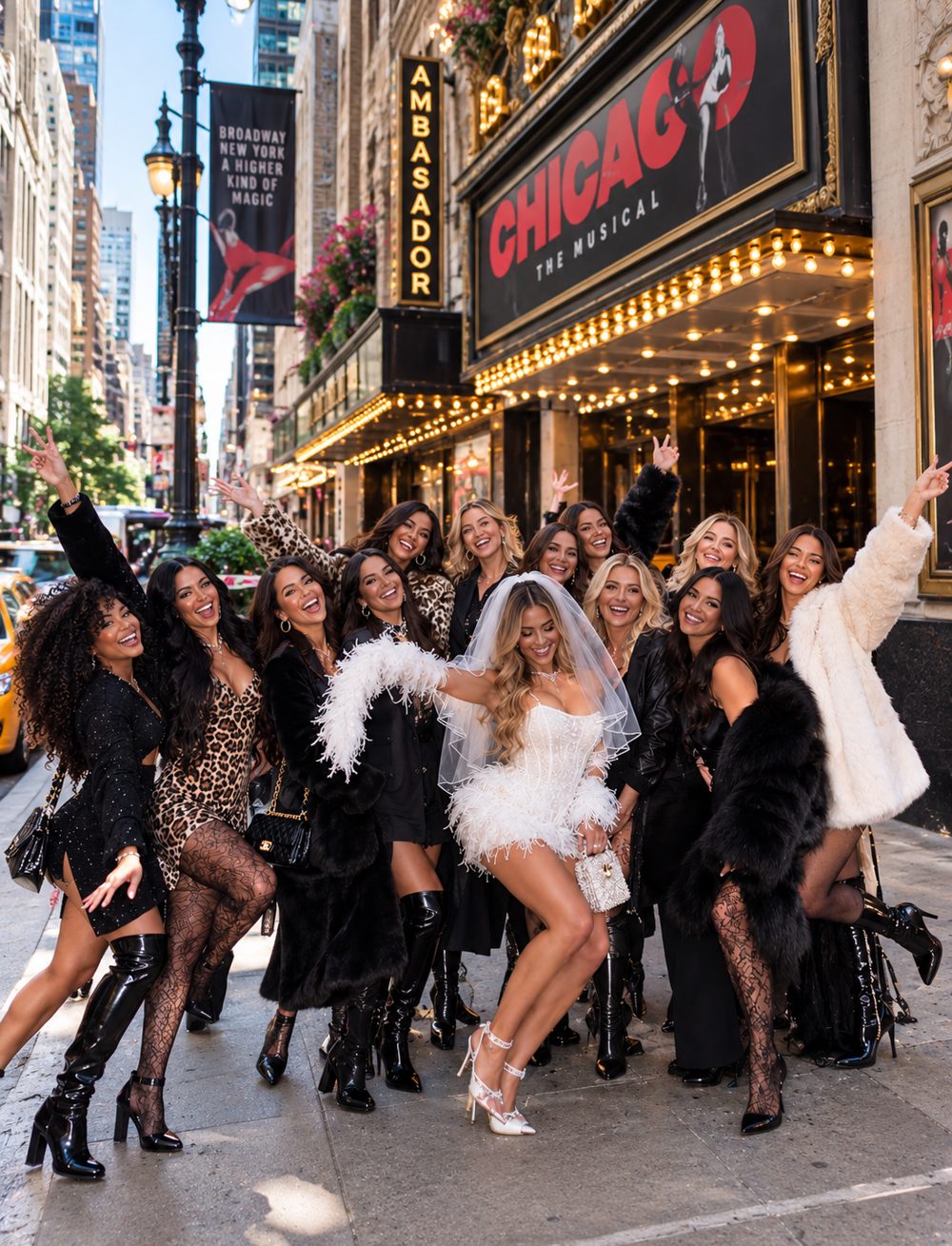 Bachelorette group celebrating the bride outside a Broadway theater marquee