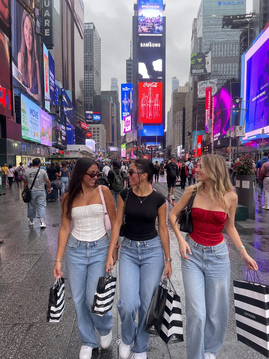 Three friends with shopping bags walking through Times Square